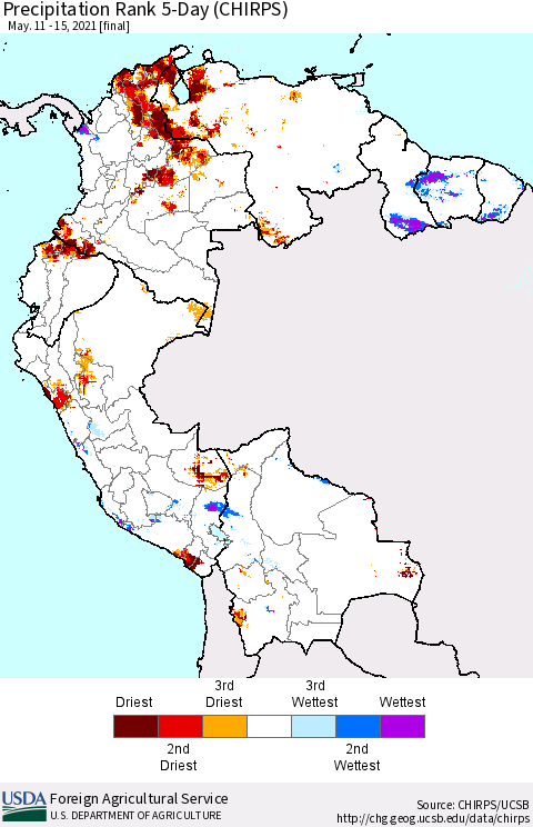 Northern South America Precipitation Rank 5-Day (CHIRPS) Thematic Map For 5/11/2021 - 5/15/2021