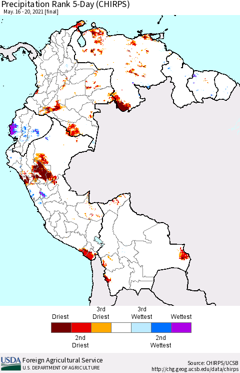Northern South America Precipitation Rank 5-Day (CHIRPS) Thematic Map For 5/16/2021 - 5/20/2021