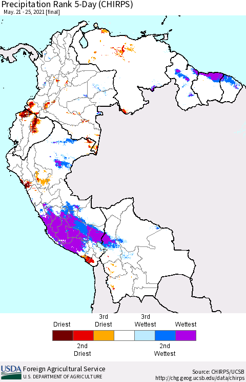 Northern South America Precipitation Rank 5-Day (CHIRPS) Thematic Map For 5/21/2021 - 5/25/2021