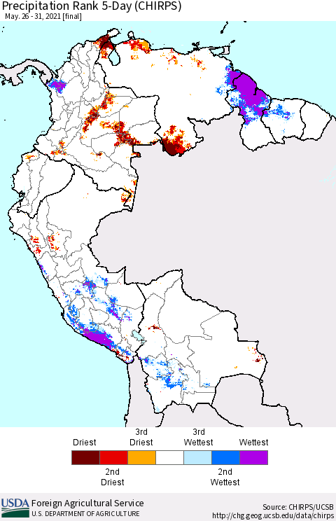 Northern South America Precipitation Rank 5-Day (CHIRPS) Thematic Map For 5/26/2021 - 5/31/2021