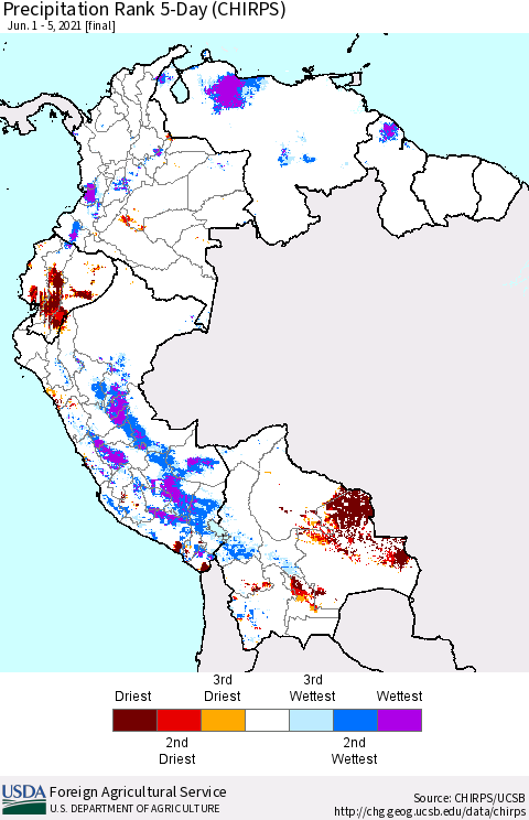 Northern South America Precipitation Rank since 1981, 5-Day (CHIRPS) Thematic Map For 6/1/2021 - 6/5/2021