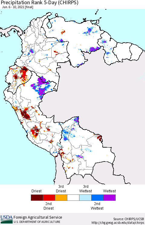 Northern South America Precipitation Rank 5-Day (CHIRPS) Thematic Map For 6/6/2021 - 6/10/2021