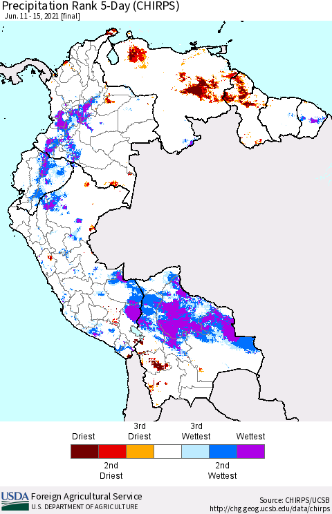 Northern South America Precipitation Rank since 1981, 5-Day (CHIRPS) Thematic Map For 6/11/2021 - 6/15/2021