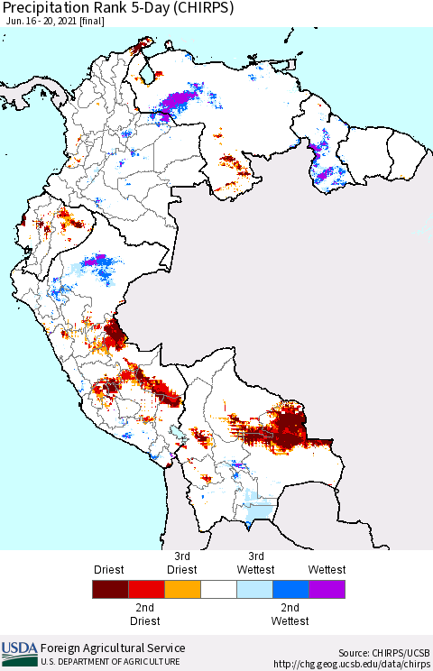 Northern South America Precipitation Rank 5-Day (CHIRPS) Thematic Map For 6/16/2021 - 6/20/2021