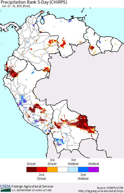 Northern South America Precipitation Rank 5-Day (CHIRPS) Thematic Map For 6/21/2021 - 6/25/2021