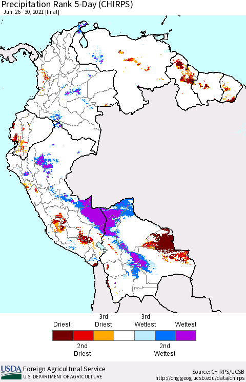 Northern South America Precipitation Rank 5-Day (CHIRPS) Thematic Map For 6/26/2021 - 6/30/2021