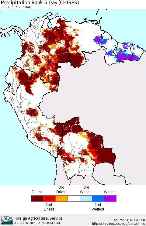 Northern South America Precipitation Rank 5-Day (CHIRPS) Thematic Map For 7/1/2021 - 7/5/2021