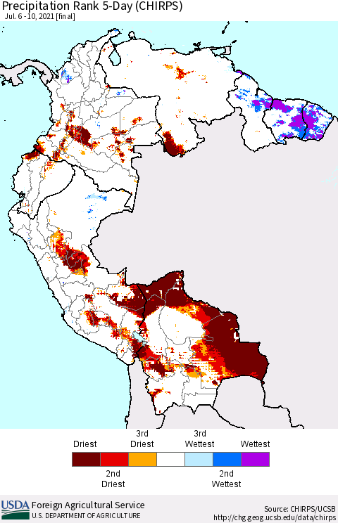Northern South America Precipitation Rank since 1981, 5-Day (CHIRPS) Thematic Map For 7/6/2021 - 7/10/2021
