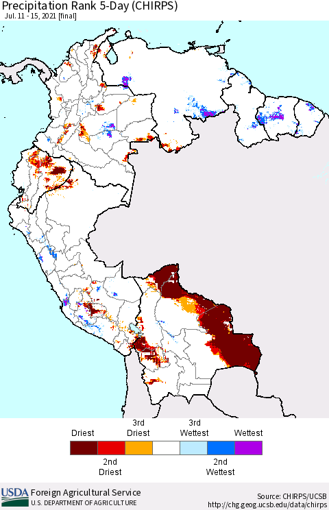Northern South America Precipitation Rank 5-Day (CHIRPS) Thematic Map For 7/11/2021 - 7/15/2021
