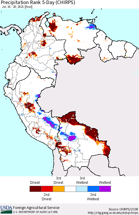 Northern South America Precipitation Rank 5-Day (CHIRPS) Thematic Map For 7/16/2021 - 7/20/2021
