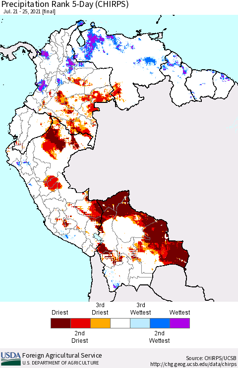 Northern South America Precipitation Rank 5-Day (CHIRPS) Thematic Map For 7/21/2021 - 7/25/2021
