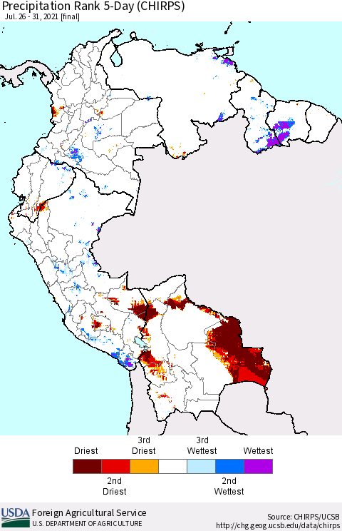 Northern South America Precipitation Rank 5-Day (CHIRPS) Thematic Map For 7/26/2021 - 7/31/2021