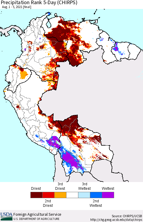 Northern South America Precipitation Rank 5-Day (CHIRPS) Thematic Map For 8/1/2021 - 8/5/2021