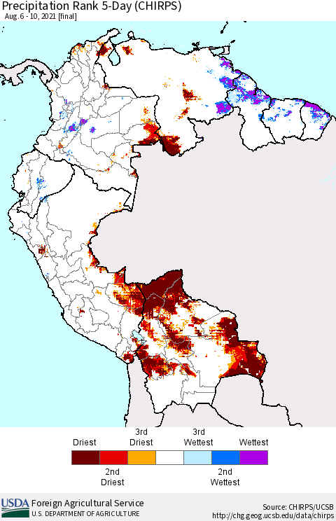 Northern South America Precipitation Rank 5-Day (CHIRPS) Thematic Map For 8/6/2021 - 8/10/2021