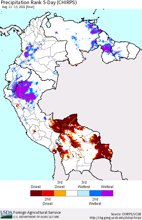 Northern South America Precipitation Rank 5-Day (CHIRPS) Thematic Map For 8/11/2021 - 8/15/2021