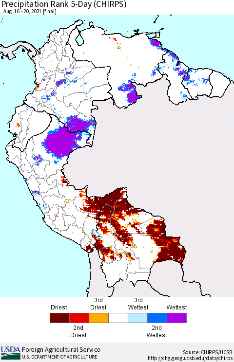 Northern South America Precipitation Rank since 1981, 5-Day (CHIRPS) Thematic Map For 8/16/2021 - 8/20/2021