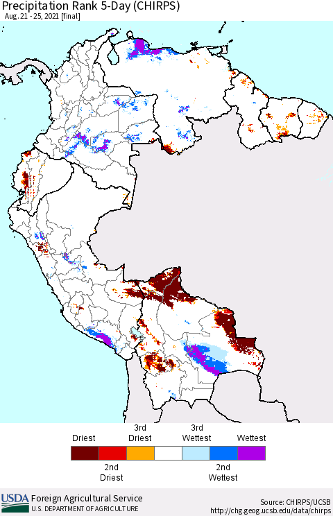 Northern South America Precipitation Rank 5-Day (CHIRPS) Thematic Map For 8/21/2021 - 8/25/2021