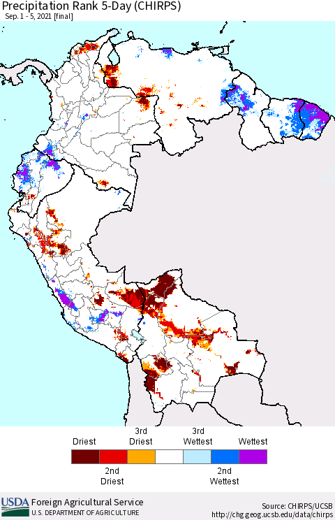 Northern South America Precipitation Rank 5-Day (CHIRPS) Thematic Map For 9/1/2021 - 9/5/2021
