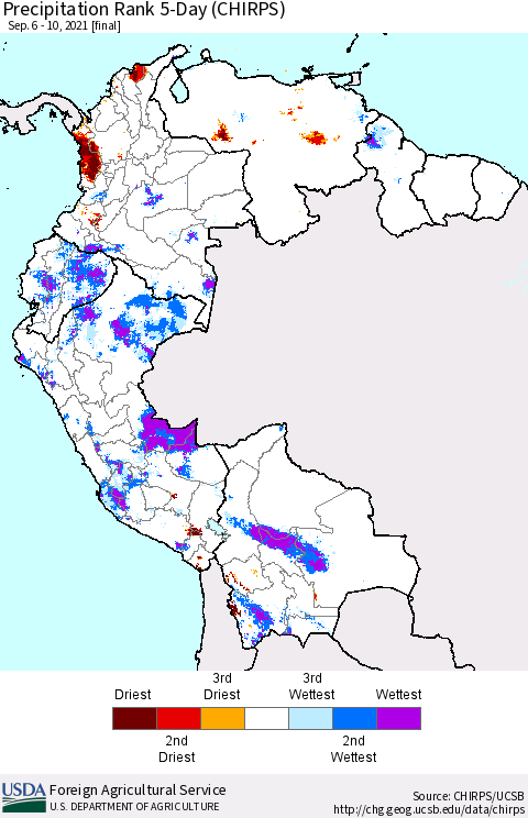 Northern South America Precipitation Rank 5-Day (CHIRPS) Thematic Map For 9/6/2021 - 9/10/2021