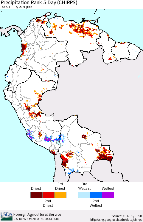 Northern South America Precipitation Rank 5-Day (CHIRPS) Thematic Map For 9/11/2021 - 9/15/2021