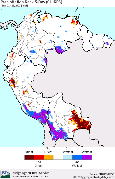 Northern South America Precipitation Rank since 1981, 5-Day (CHIRPS) Thematic Map For 9/21/2021 - 9/25/2021