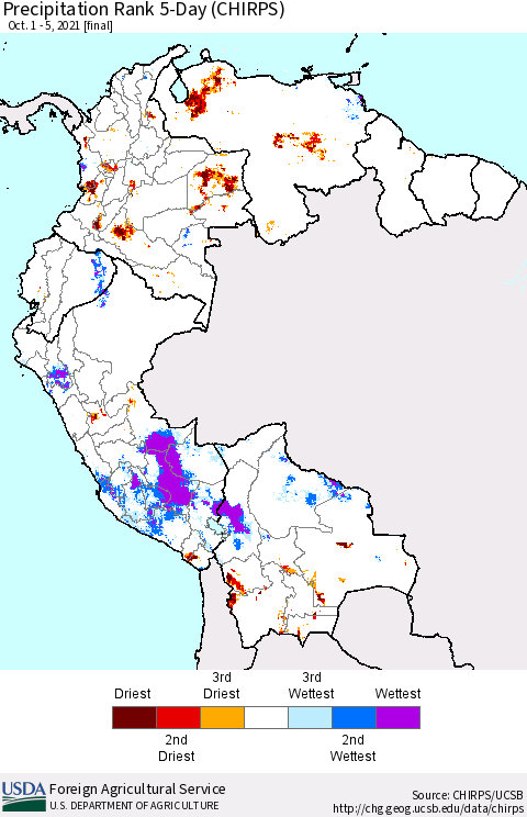Northern South America Precipitation Rank 5-Day (CHIRPS) Thematic Map For 10/1/2021 - 10/5/2021