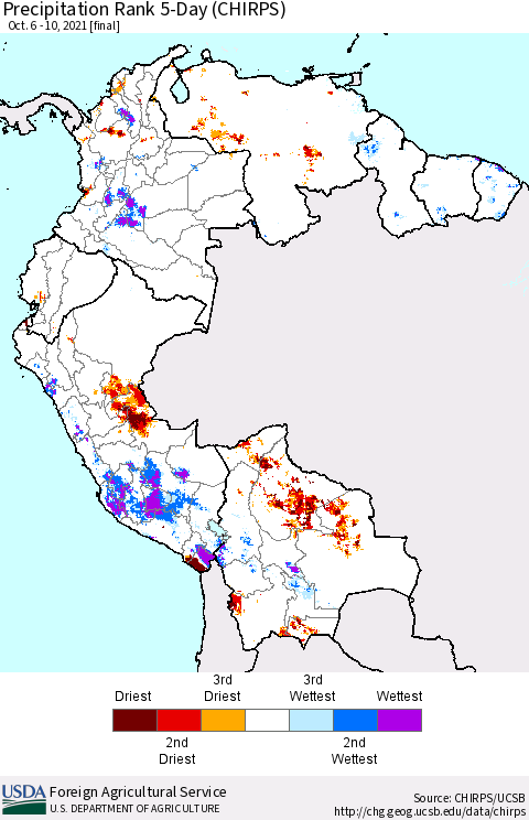 Northern South America Precipitation Rank 5-Day (CHIRPS) Thematic Map For 10/6/2021 - 10/10/2021