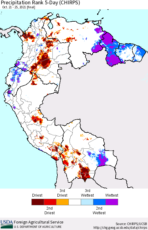 Northern South America Precipitation Rank since 1981, 5-Day (CHIRPS) Thematic Map For 10/21/2021 - 10/25/2021