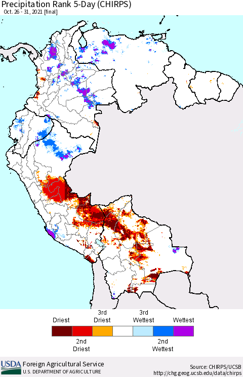 Northern South America Precipitation Rank 5-Day (CHIRPS) Thematic Map For 10/26/2021 - 10/31/2021