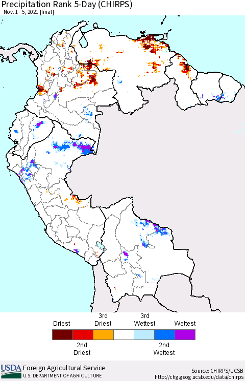 Northern South America Precipitation Rank 5-Day (CHIRPS) Thematic Map For 11/1/2021 - 11/5/2021