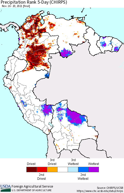 Northern South America Precipitation Rank since 1981, 5-Day (CHIRPS) Thematic Map For 11/16/2021 - 11/20/2021