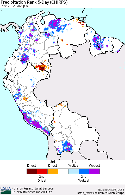 Northern South America Precipitation Rank 5-Day (CHIRPS) Thematic Map For 11/21/2021 - 11/25/2021