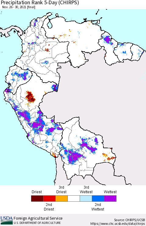 Northern South America Precipitation Rank 5-Day (CHIRPS) Thematic Map For 11/26/2021 - 11/30/2021