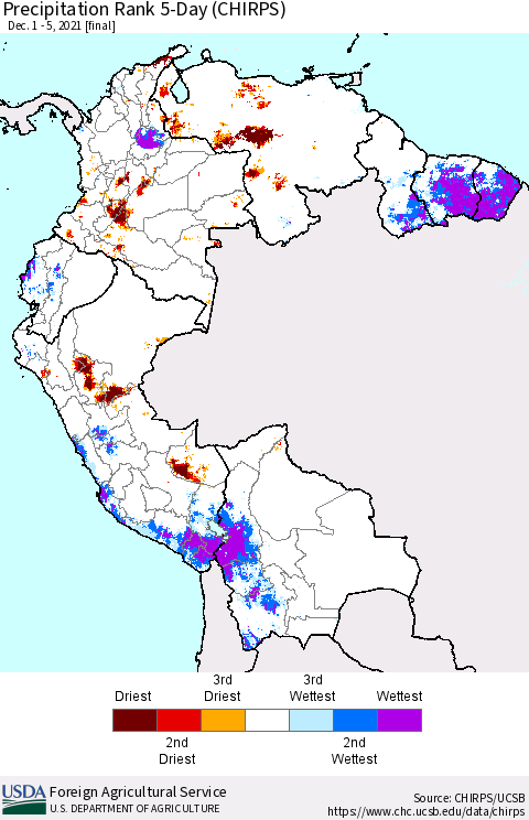 Northern South America Precipitation Rank 5-Day (CHIRPS) Thematic Map For 12/1/2021 - 12/5/2021