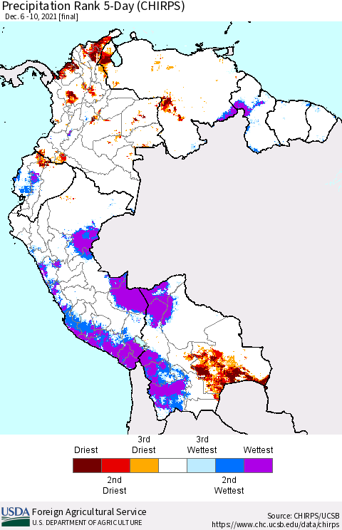 Northern South America Precipitation Rank 5-Day (CHIRPS) Thematic Map For 12/6/2021 - 12/10/2021