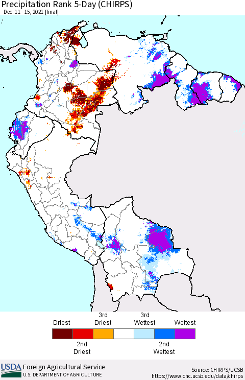 Northern South America Precipitation Rank since 1981, 5-Day (CHIRPS) Thematic Map For 12/11/2021 - 12/15/2021