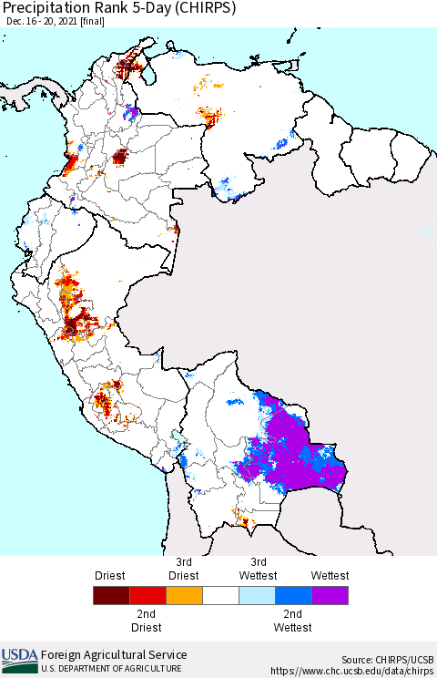 Northern South America Precipitation Rank 5-Day (CHIRPS) Thematic Map For 12/16/2021 - 12/20/2021