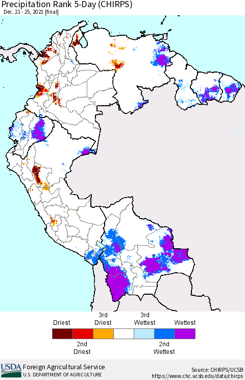 Northern South America Precipitation Rank 5-Day (CHIRPS) Thematic Map For 12/21/2021 - 12/25/2021