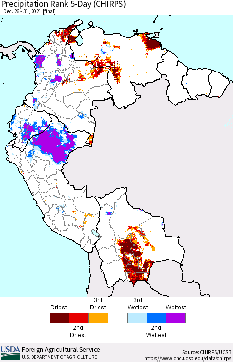 Northern South America Precipitation Rank 5-Day (CHIRPS) Thematic Map For 12/26/2021 - 12/31/2021