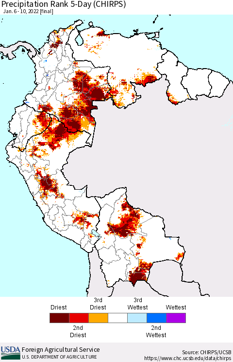 Northern South America Precipitation Rank since 1981, 5-Day (CHIRPS) Thematic Map For 1/6/2022 - 1/10/2022