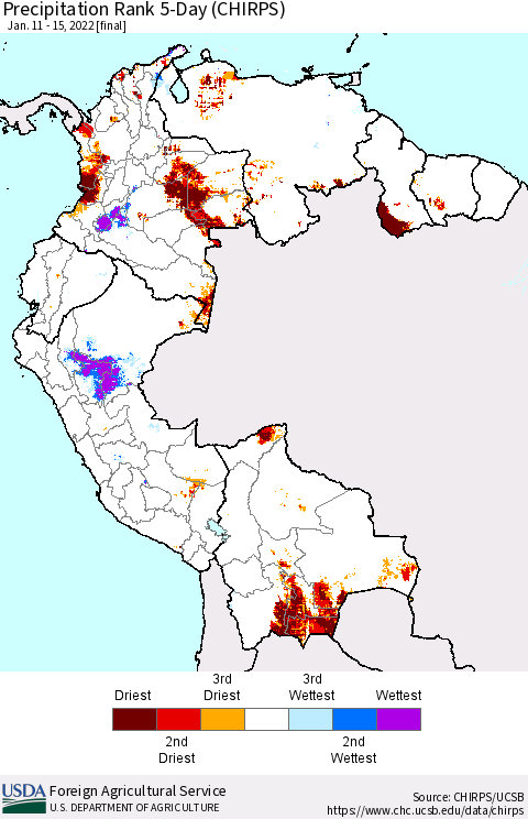Northern South America Precipitation Rank since 1981, 5-Day (CHIRPS) Thematic Map For 1/11/2022 - 1/15/2022