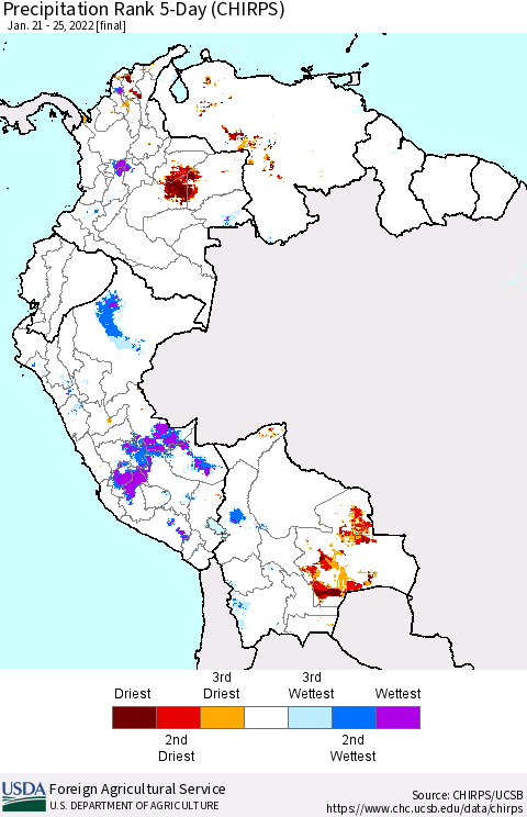 Northern South America Precipitation Rank 5-Day (CHIRPS) Thematic Map For 1/21/2022 - 1/25/2022