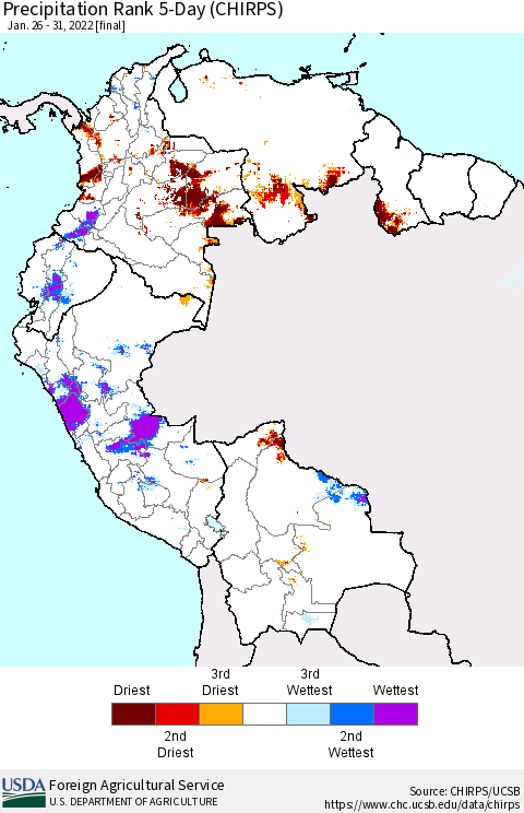 Northern South America Precipitation Rank 5-Day (CHIRPS) Thematic Map For 1/26/2022 - 1/31/2022