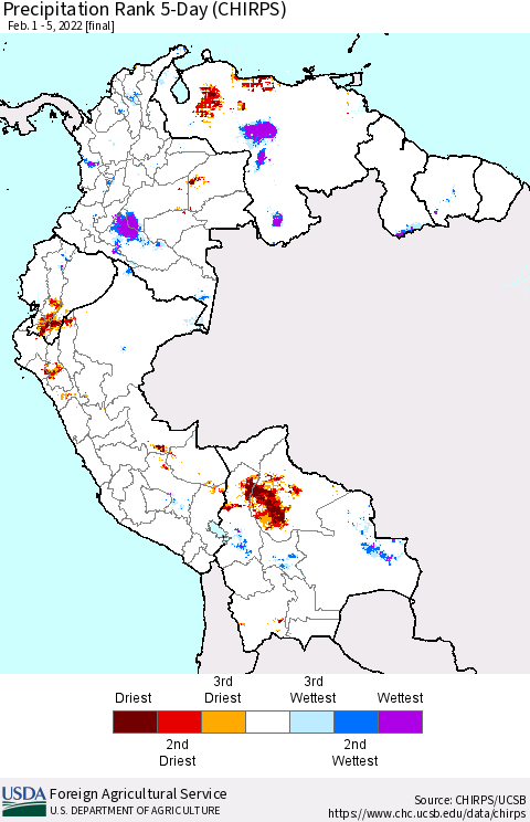 Northern South America Precipitation Rank 5-Day (CHIRPS) Thematic Map For 2/1/2022 - 2/5/2022