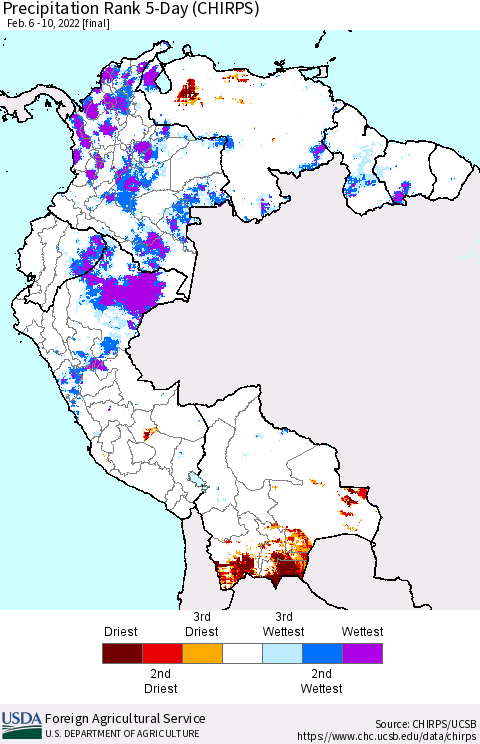 Northern South America Precipitation Rank 5-Day (CHIRPS) Thematic Map For 2/6/2022 - 2/10/2022