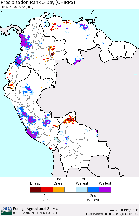 Northern South America Precipitation Rank 5-Day (CHIRPS) Thematic Map For 2/16/2022 - 2/20/2022