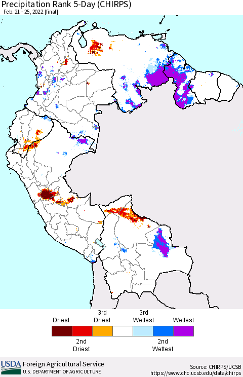Northern South America Precipitation Rank 5-Day (CHIRPS) Thematic Map For 2/21/2022 - 2/25/2022