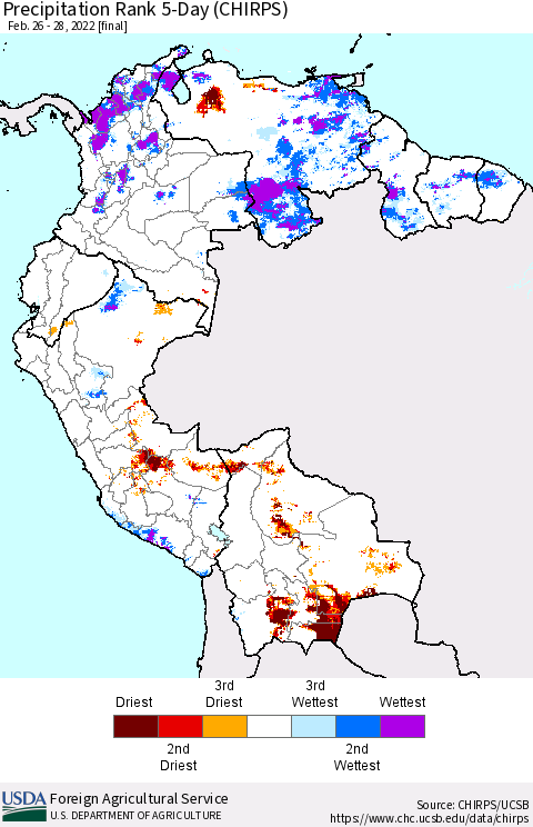 Northern South America Precipitation Rank 5-Day (CHIRPS) Thematic Map For 2/26/2022 - 2/28/2022