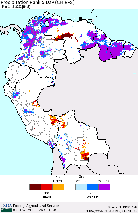 Northern South America Precipitation Rank 5-Day (CHIRPS) Thematic Map For 3/1/2022 - 3/5/2022