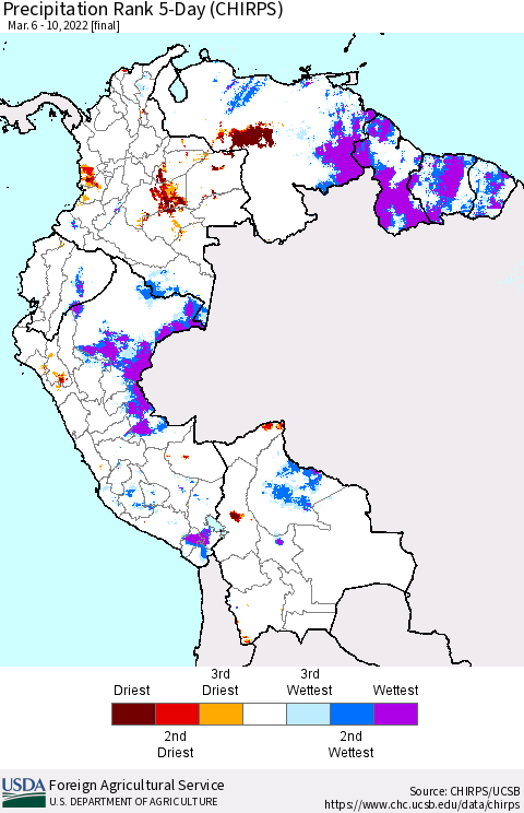 Northern South America Precipitation Rank since 1981, 5-Day (CHIRPS) Thematic Map For 3/6/2022 - 3/10/2022